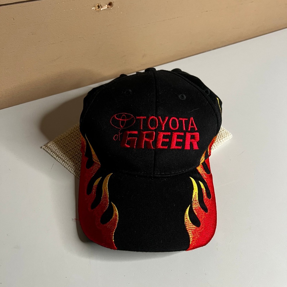 Toyota of Greer Nissun Flame Embroidered Baseball Hat Black Red Adjustable Cap